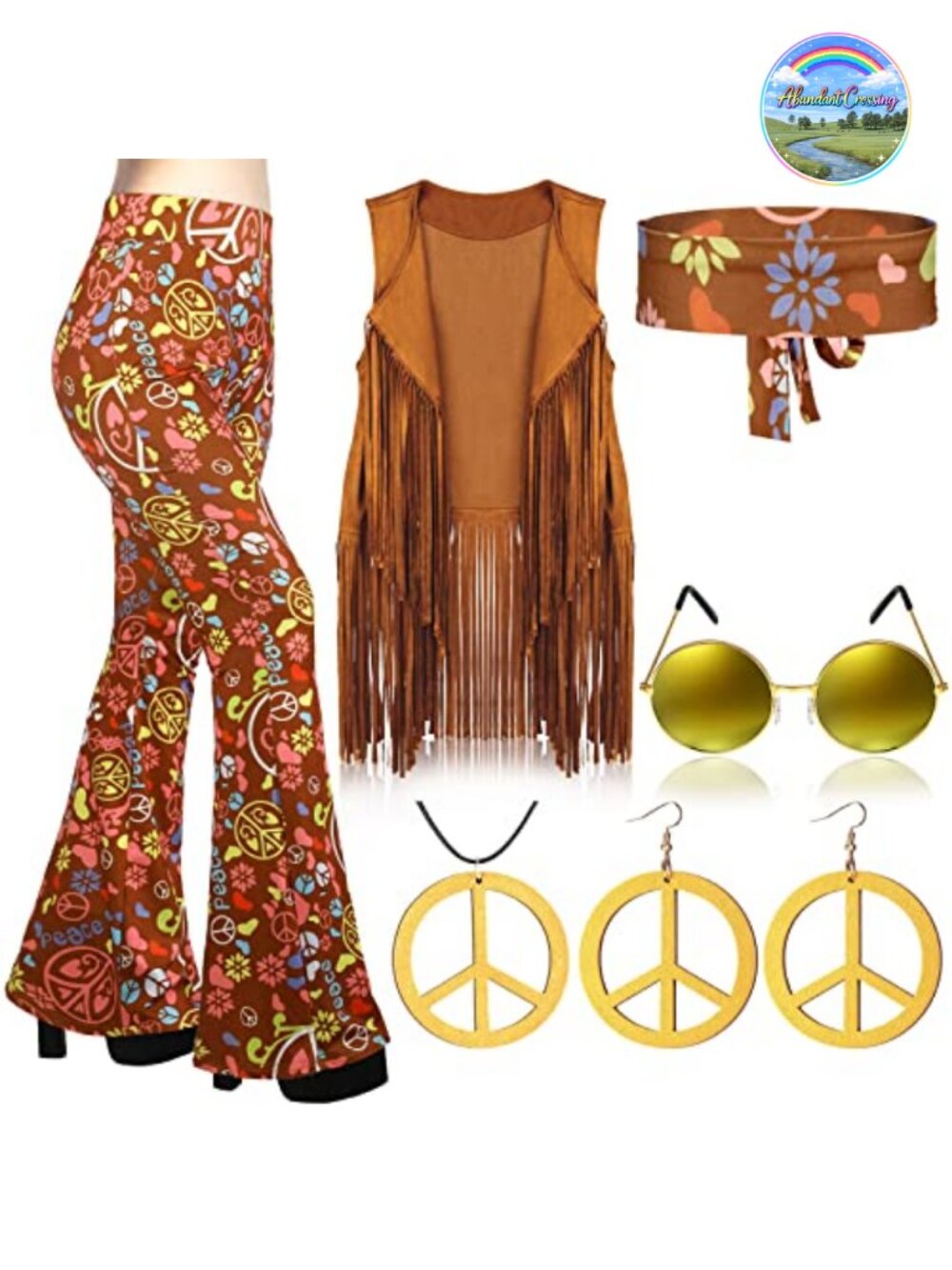7 Pc 60s 70s Hippie Costume Set Fringe Vest Flared Pants